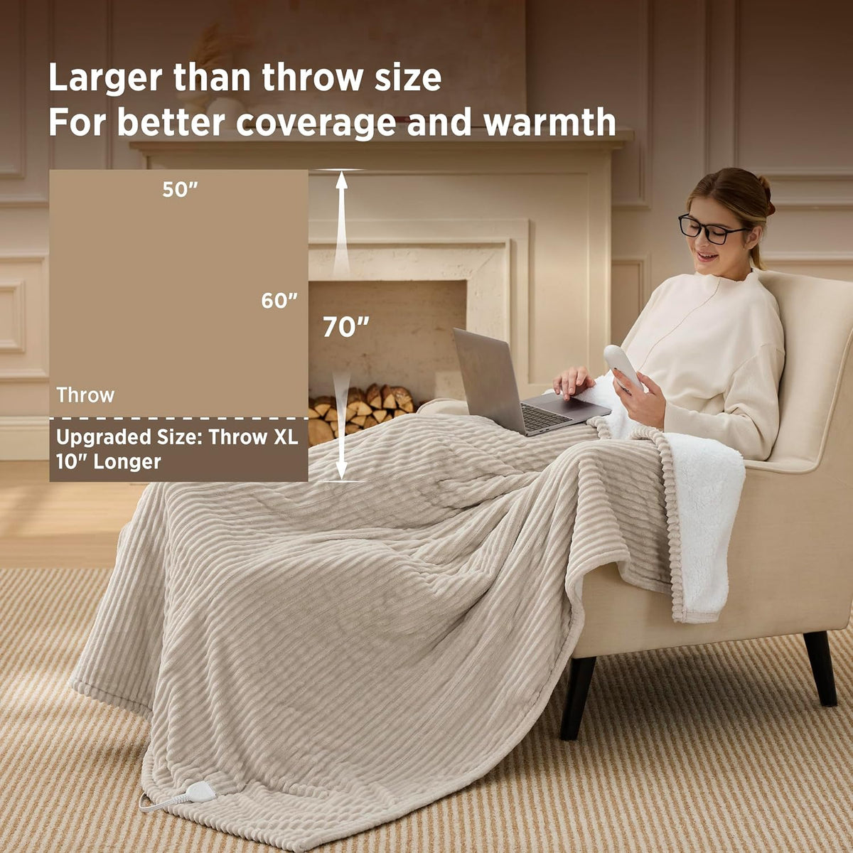 Bedsure GentleSoft Heated Blanket Throw - Soft Ribbed Flannel Electric Blanket, Gifts for Grandma (50x60 inches, Grey)