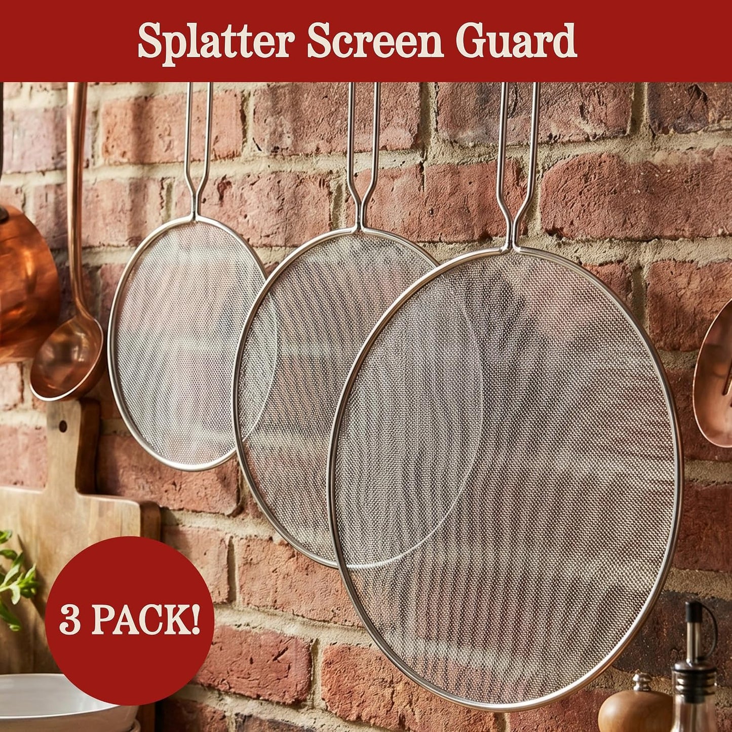 Classic Cuisine Splatter Screen Set, Silver, 3-Piece-Set, 17.25”/16”/15.25” | Fine Mesh Stainless-Steel Grease Splatter Guard for Pots, Pans, and Skillets, Kitchen Gadgets