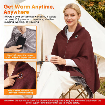 Heated Blanket Battery Operated Cordless Portable Heated Shawl,61" x 31" Electric Throw Blanket with 3 Fast Heating Levels,with Rechargeable Power Bank, Winter Gift for Women