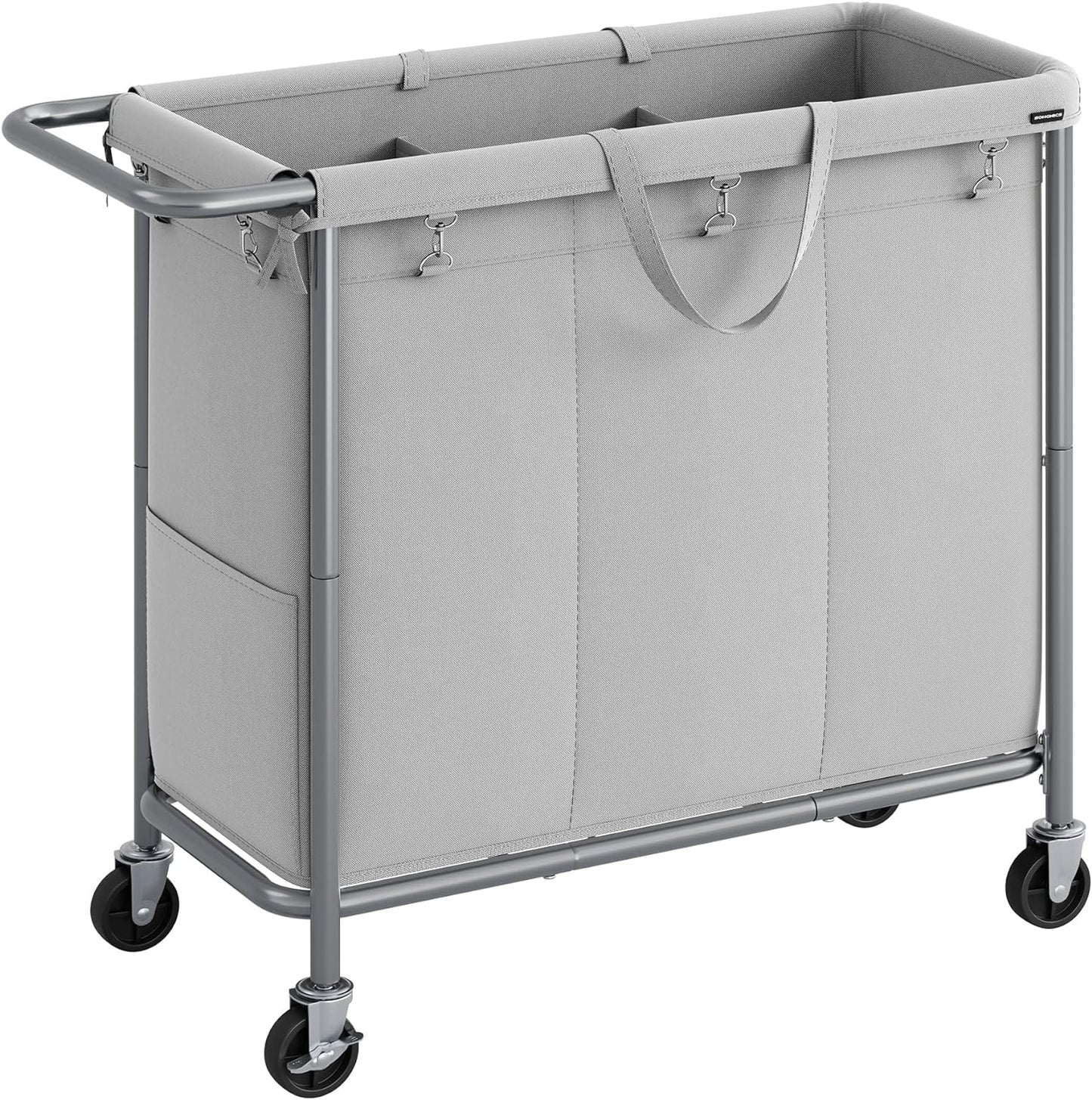 SONGMICS Laundry Basket with Wheels, 4-Section Rolling Laundry Hamper, 68.6 Gallons (260 L), Removable Liner, Steel Frame with Handle, 43.3 x 15.4 x 31.9 Inches, Cream White URLS014W01