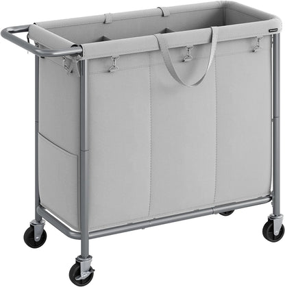 SONGMICS Laundry Basket with Wheels, 4-Section Rolling Laundry Hamper, 68.6 Gallons (260 L), Removable Liner, Steel Frame with Handle, 43.3 x 15.4 x 31.9 Inches, Cream White URLS014W01