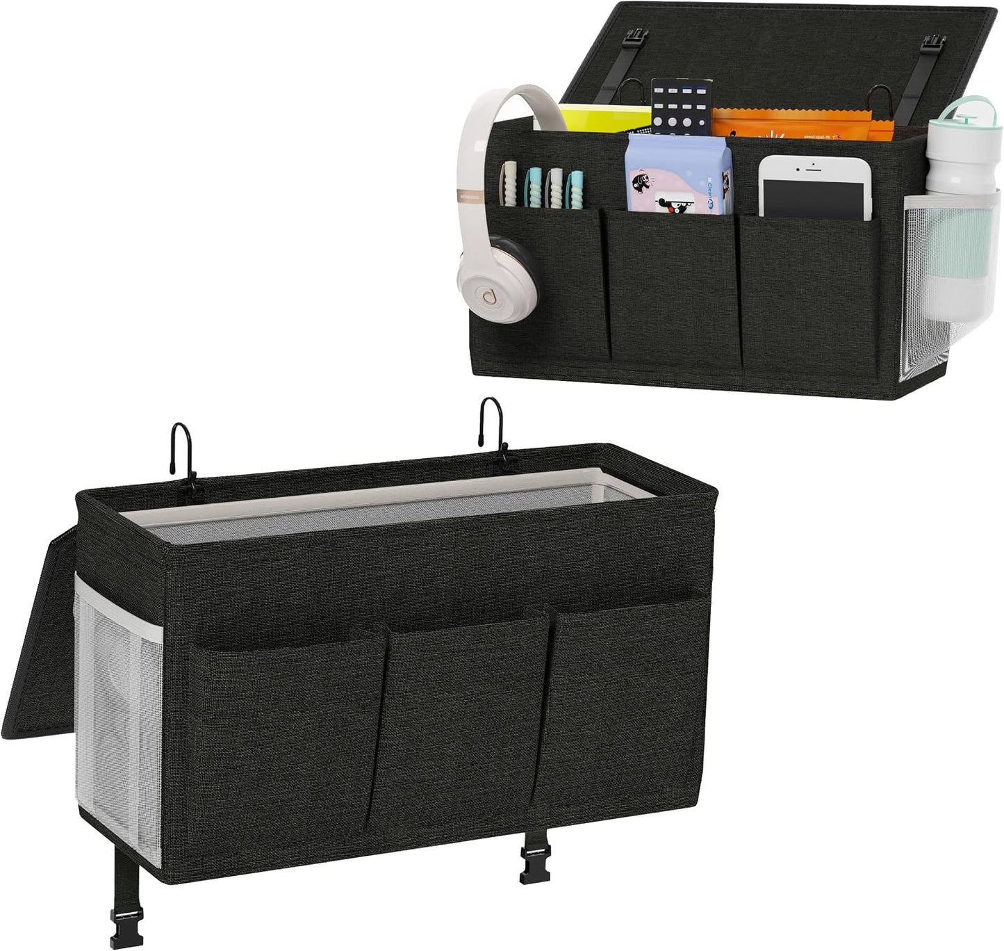 Bedside Caddy Bedside Storage Hanging Organizer for Bunk Dorm Bed Rail | Bed Caddy with Hooks, Top Bunks and Dorm Essentials for Water, Tissues, Tablets, Books, Phones, Remotes and Other Necessories
