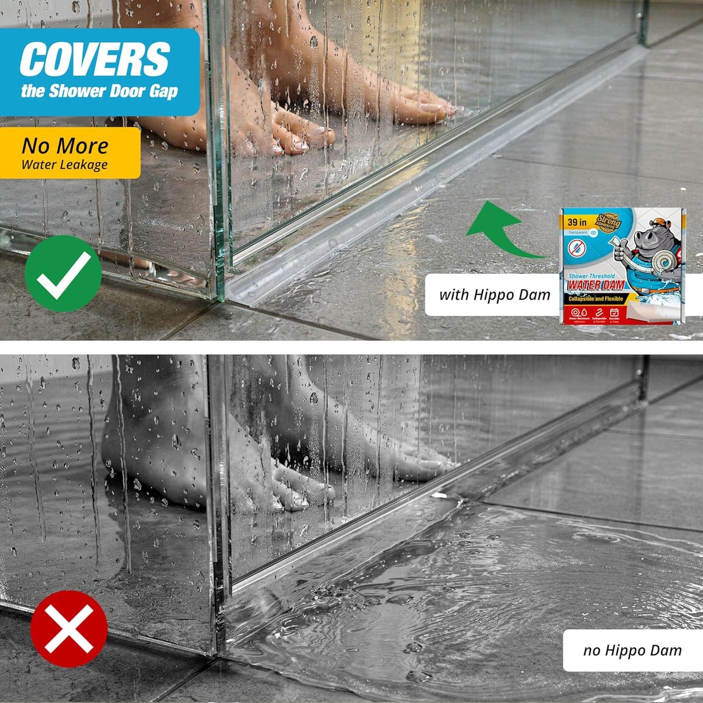 39" Transparent Shower Threshold Water Dam, Collapsible Water Guard Strip