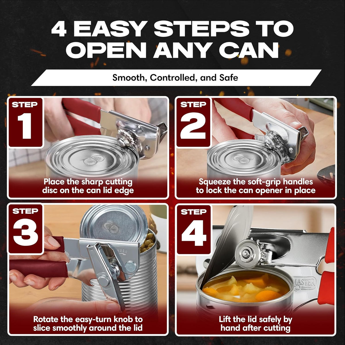 Chef Master Commercial Can Opener Heavy Duty - Manual Hand Crank for Large Cans with Anti-Slip Grip - Stainless Steel Restaurant Can Opener Manual for Seniors, Kitchen, Bars & Food Trucks - 90056