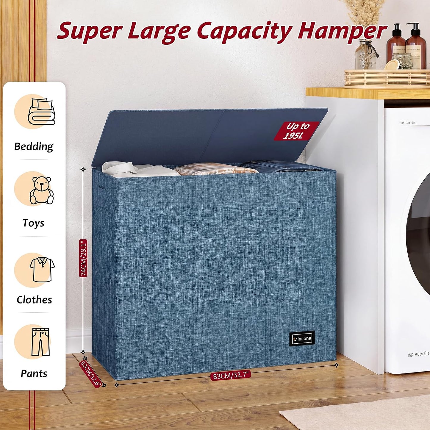 195L Laundry Hamper 3 Section,Large Laundry Hamper with Lid,Dirty Clothes Hamper with 3 Inner Bags,Collapsible Laundry Basket Organizer for Laundry Room,Bedroom,Laundry Sorter Hamper 3 Compartment