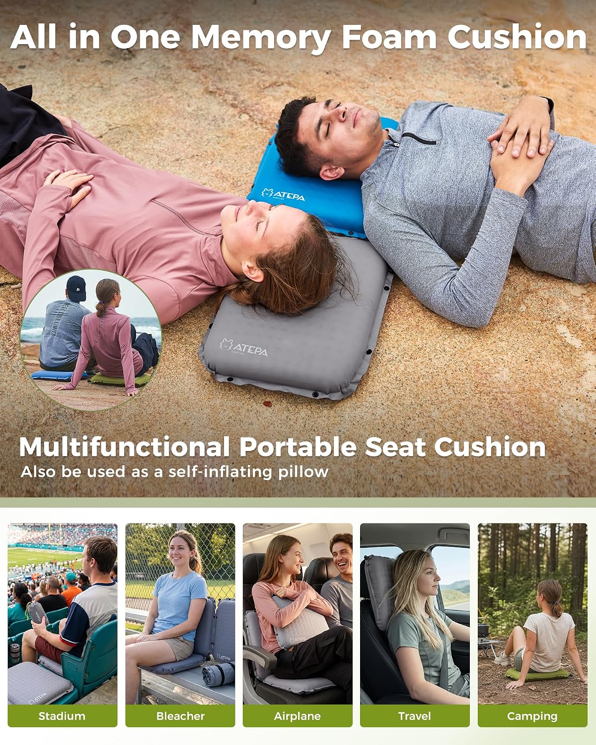 ATEPA Inflatable Seat Cushion | 2" & 2.5" foam core seat pad, Self inflating, Compact, Stadium, Airplane, Travel, Camping, Hiking, Sports events