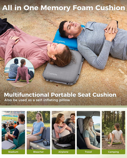 ATEPA Inflatable Seat Cushion | 2" & 2.5" foam core seat pad, Self inflating, Compact, Stadium, Airplane, Travel, Camping, Hiking, Sports events
