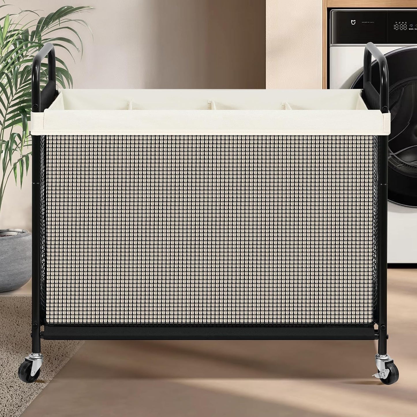 STO STO Laundry Hamper 2 Section, 100L Rolling Laundry Sorter Cart with Removable and Washable Liner Bag, Clothes Hamper with Wheels and Metal Handle for Laundry Room and Bedroom