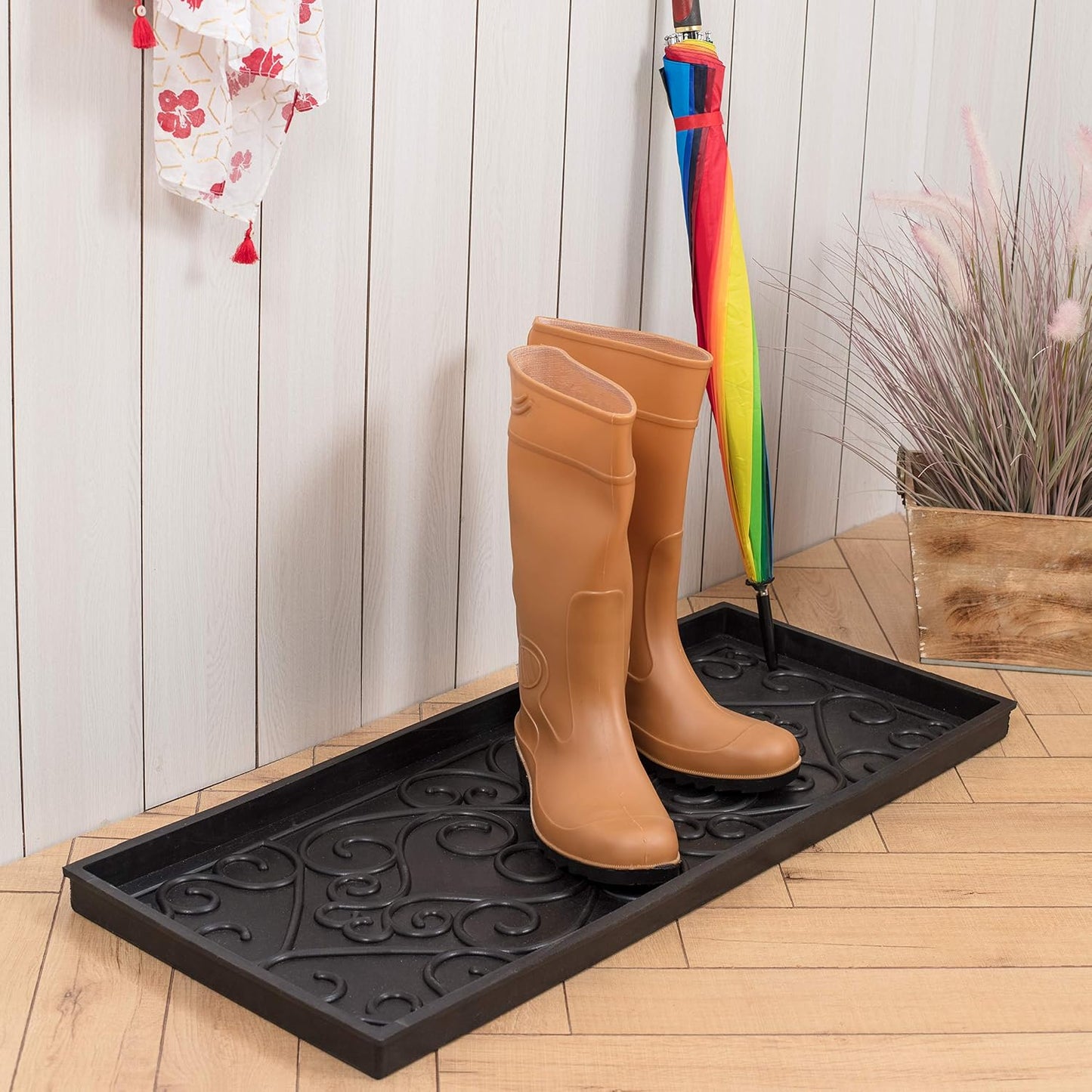 Anji Mountain Heavy Duty Waterproof Rubber Shoe Storage Mat Organizer/Boot Storage Tray Multi Use For Entryway with Coir, Tan Insert, Fits 2 Pair (24.5" Wide)