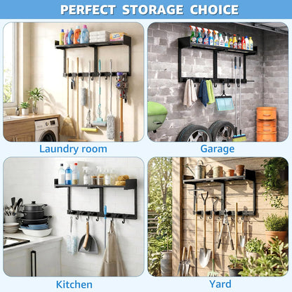 27" Mop and Broom Holder Wall Mount with Top Storage Shelf & Hooks,Black | Mop Hanger Wall Mount, 5 Grippers, 5 Hooks, Wall Organizer For Laundry Room, Garage And Kitchen