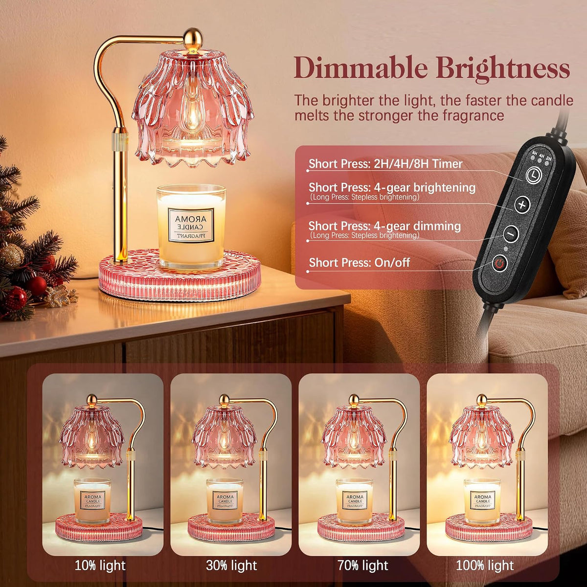 Candle Warmer Lamp with Timer Dimmer, Modern Wax Warmer for Scented Wax Jar Candle Warmer with 2 Bulbs, Adjustable Height Glass Lamp for Gifts for Women, Home Decor, Gold Amber