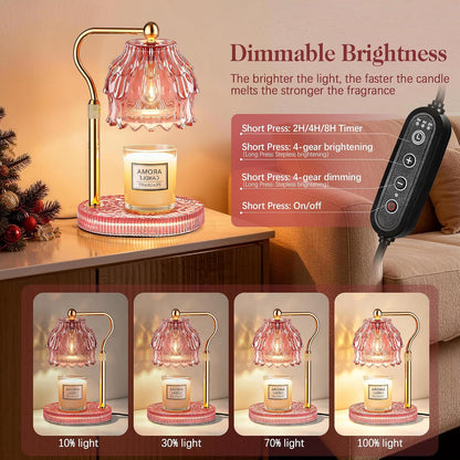 Candle Warmer Lamp with Timer Dimmer, Modern Wax Warmer for Scented Wax Jar Candle Warmer with 2 Bulbs, Adjustable Height Glass Lamp for Gifts for Women, Home Decor, Gold Amber