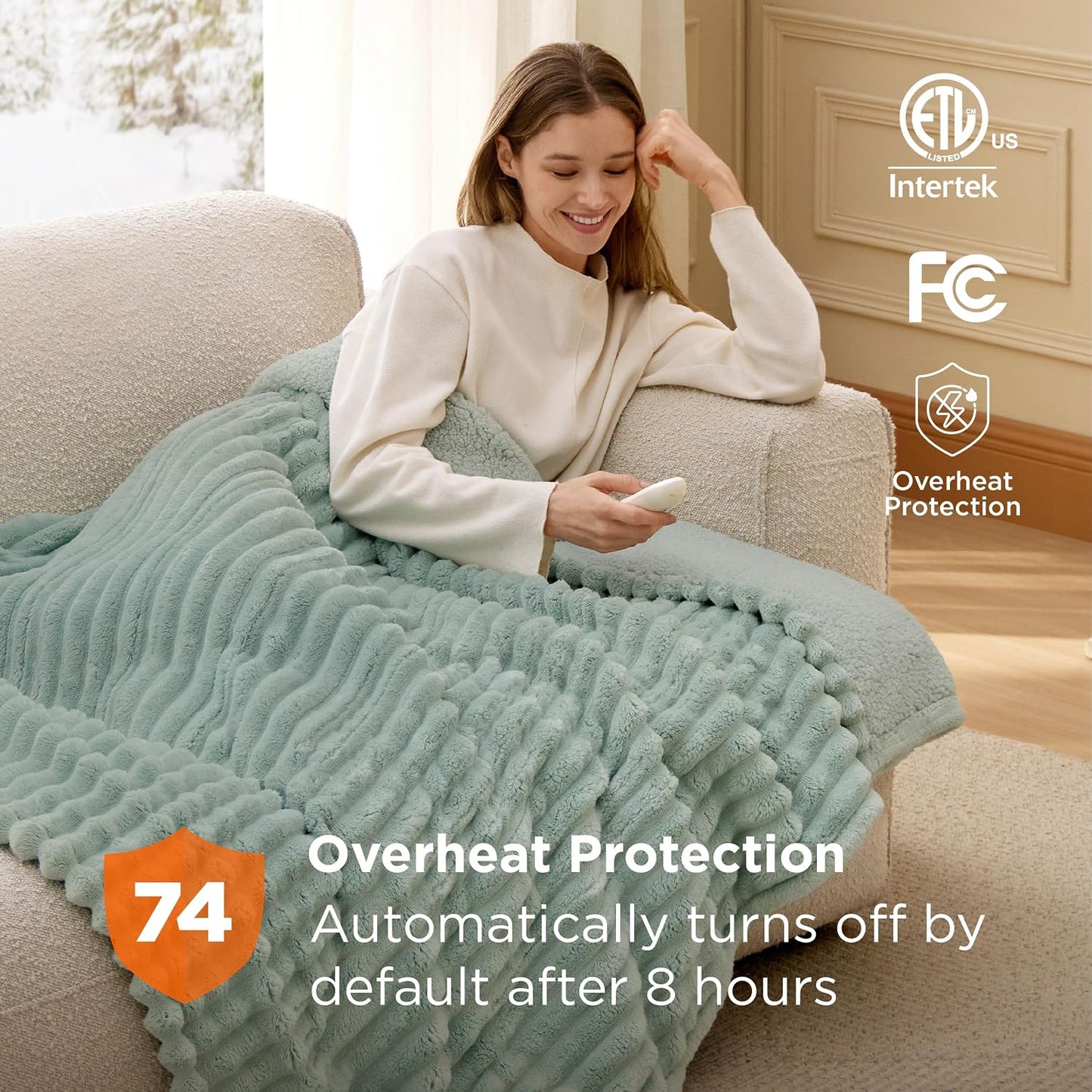 Bedsure Heated Blanket Electric Throw - Thick Striped Fast Heating Electric Blanket with Preheat Function, 6 Heat & 6 Timer (Up to 10H), 8H Auto Off, ETL Certified, Gifts for Women (50"x60", White)