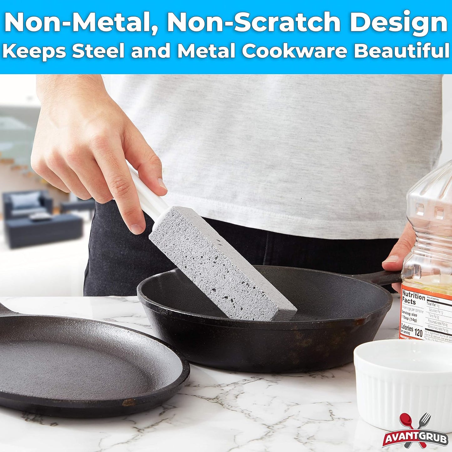 Non-Toxic, Chemical-Free Grey Pumice Scrubber 2 Pk with Handle. Perfect Reusable Cleaning Block for Kitchen, Cookware, Grills, BBQs and Bathrooms. Best Cleaner for Rust Stains, Carbon, or Calcium