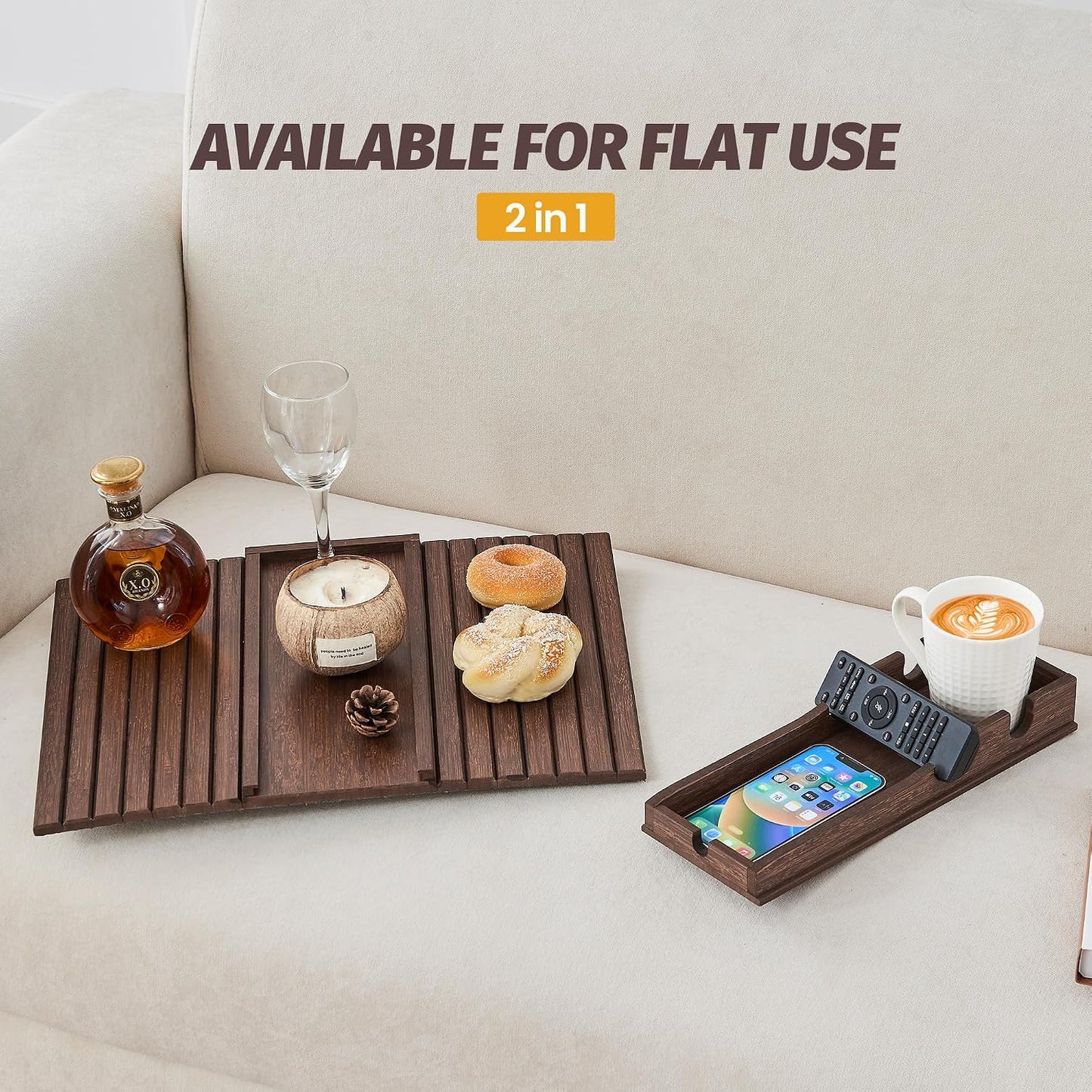 GEHE Couch Cup Holder, Anti Falling Sofa Arm Tray, Natural Bamboo Sofa Cup Holder More Safe for Your Family, Portable Couch Arm Tray Armrest Table for Remote, Snacks, Drinks