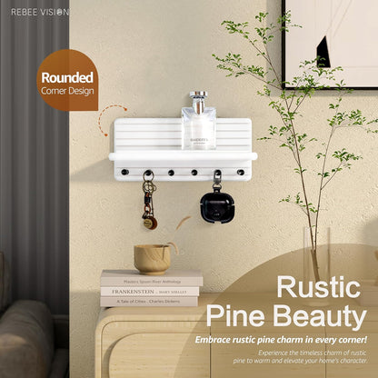 Rebee Vision Pine Wood Key Holder Wall Mount with Shelf for Entryway, Brown | 6 Key Hooks, Round Corner, Smooth&Hand-Friendly, Clear Wood Texture, Space-Saving Design, Organize Mail & Letter
