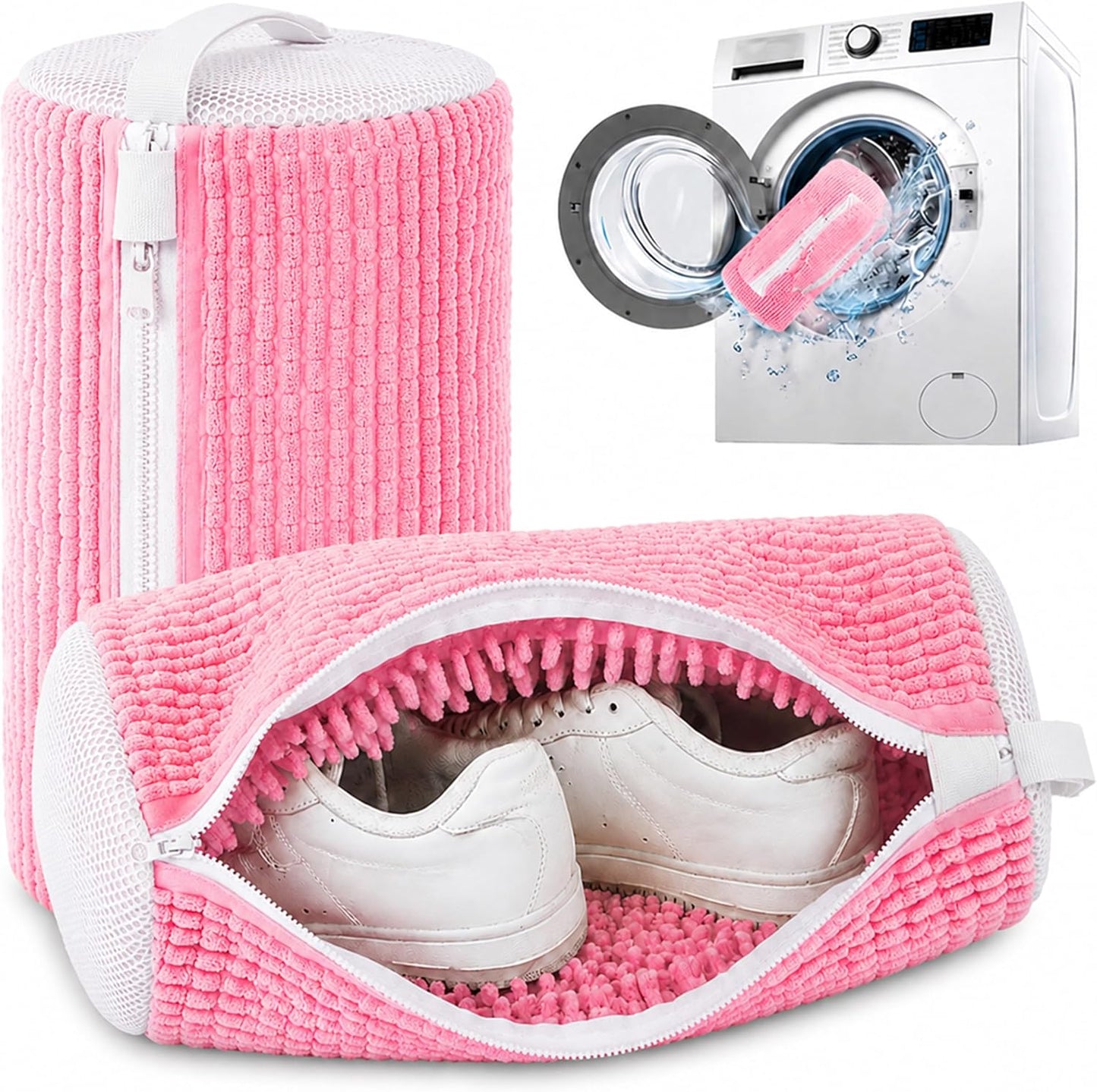 Reusable Shoe Washing Bag, 2-Pack Chenille Laundry Bag for Washer & Dryer. | Soft chenille fibers help deep clean sneakers while the hidden zipper keeps shoes secure and helps protect your washer.