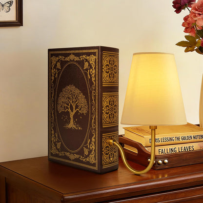 AELS Solid Wood Bookshelf Lamp with Bulb, Cordless Rechargeable Touch Dimmable Table Lamp with Linen Fabric Shade, Modern Decorative Bookend Lamp for Bedroom, Office & Bookshelf Decor, Dark Brown