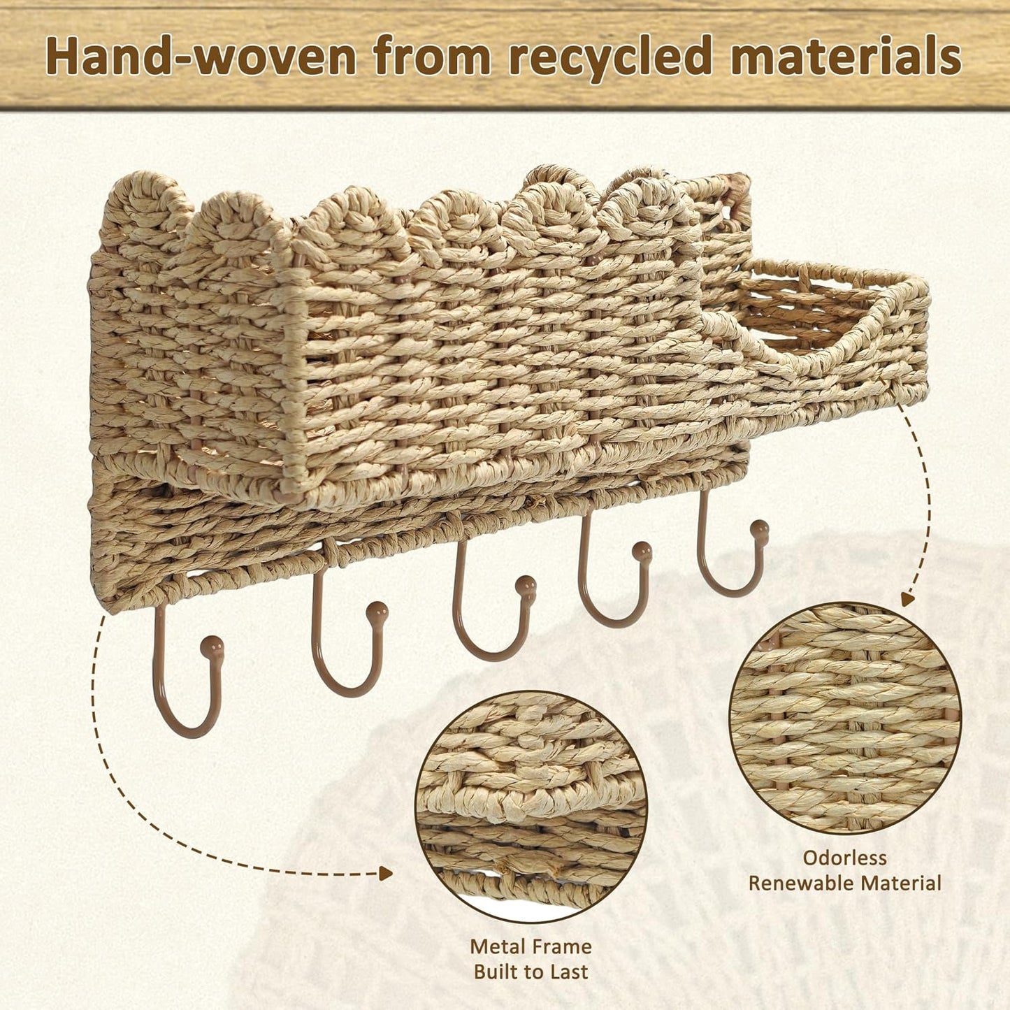 Hook-Woven Wicker Key Holder and Mail Organizer | Natural Paper Rattan Scalloped Wave Design Decorative Wall Mount for Entryway, Living Room, Hallway