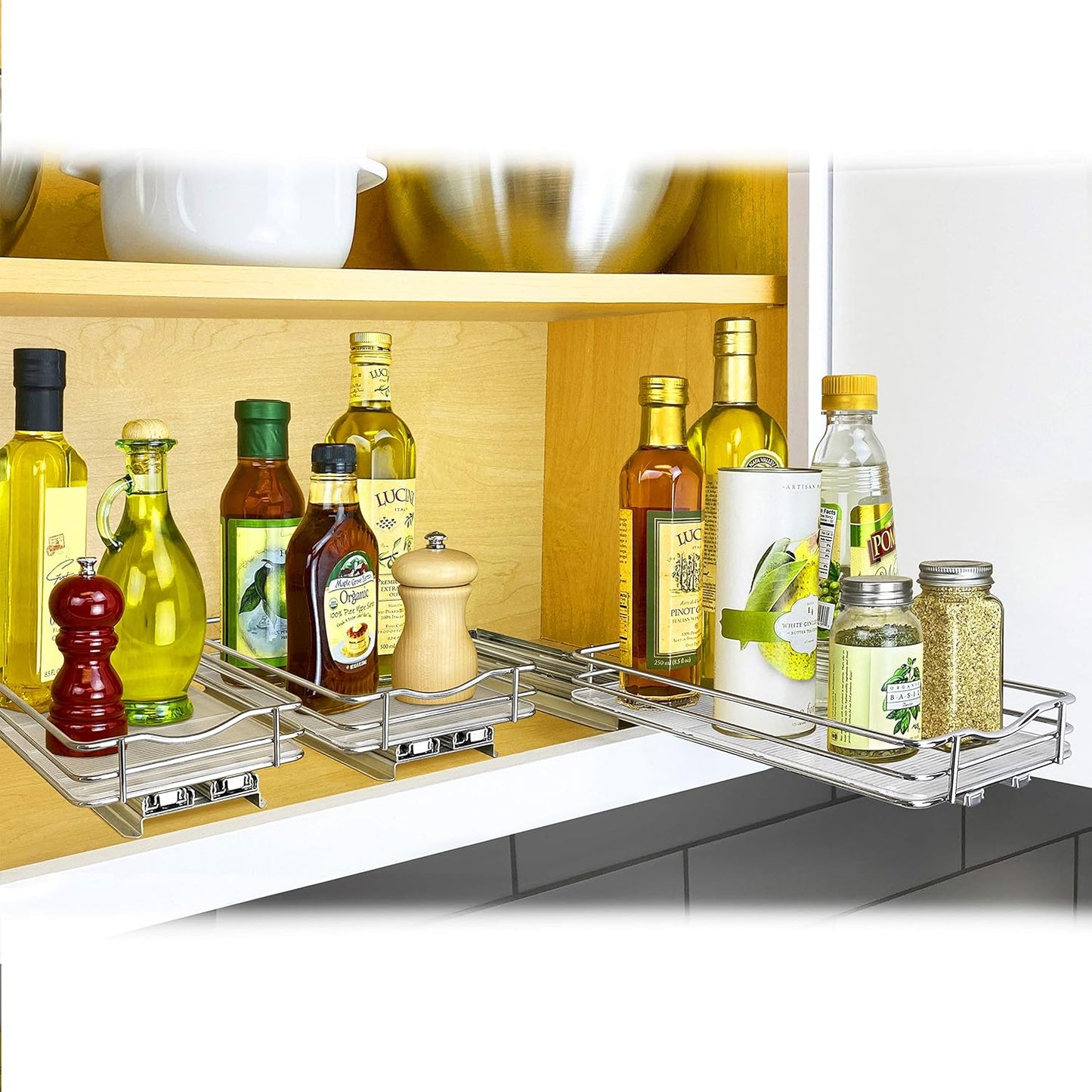 LYNK PROFESSIONAL® Pull Out Spice Organization for Cabinets - 4-3/8 inch Wide – Spice Rack for Inside Cabinets, Slide Out Spice Rack Organizer for cabinet – Pull Out Spice Rack, Sliding 2 Tier Chrome