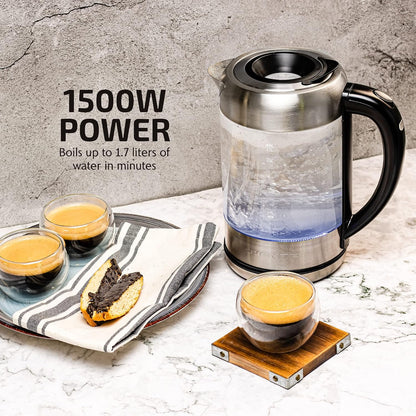 OVENTE 1.7L Double Wall Glass Electric Kettle Water Boiler, Silver KG912S | 1500W Fast Boiling, Easy Fill Lid, Borosilicate Glass, Cool-Touch Design, Blue LED, Auto Shut-Off, Boil-Dry Protection