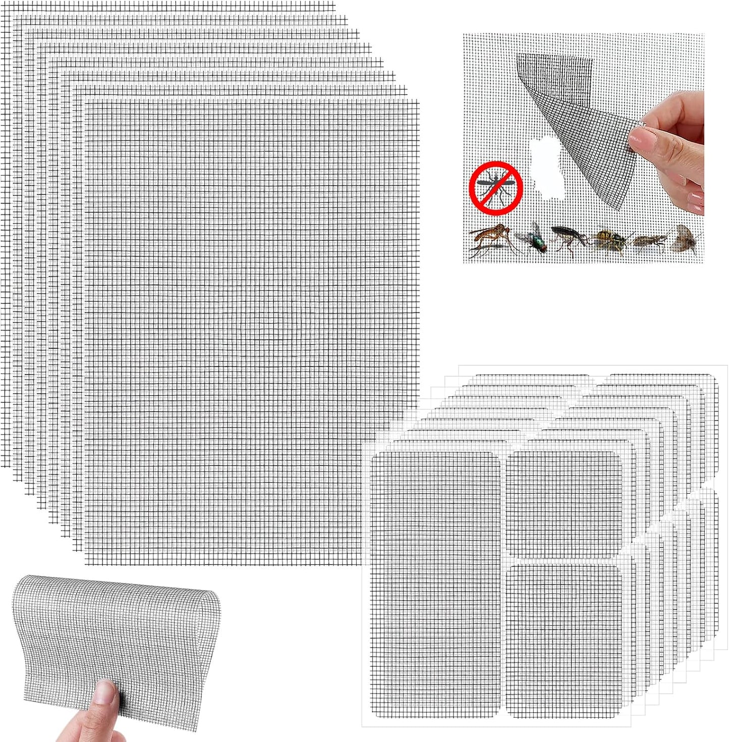 16PCS Window Screen Patch Kit 5"×7" & 4.5"×4.5" – Fiberglass Self-Adhesive Waterproof Mesh Tape for Tears & Holes, Strong Quick Fix for Door Mesh