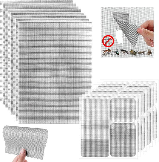 16PCS Window Screen Patch Kit 5"×7" & 4.5"×4.5" – Fiberglass Self-Adhesive Waterproof Mesh Tape for Tears & Holes, Strong Quick Fix for Door Mesh