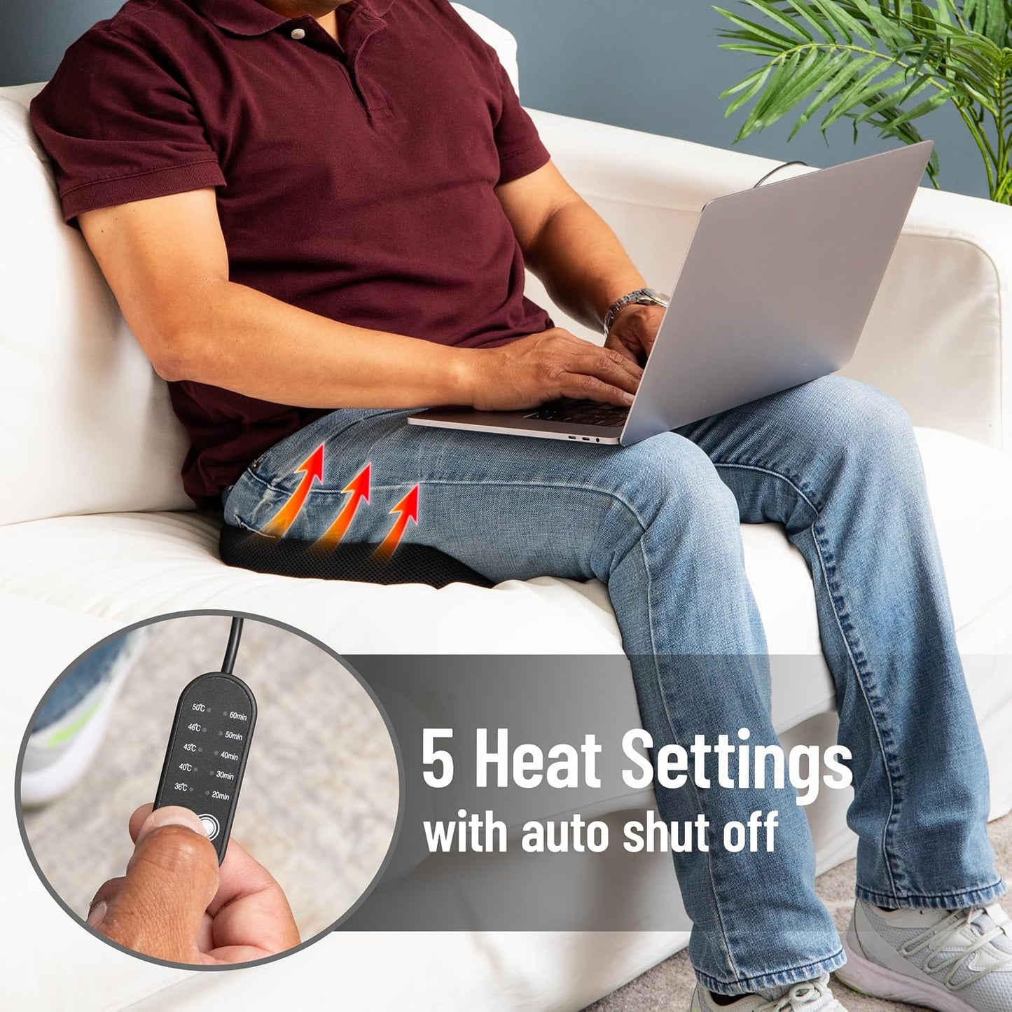 Mind Reader Heated Memory Foam Seat Cushion with Air-Cloud Support, Slim Ergonomic Cushion with 4 Heat Settings Timer and Auto Shut-Off, Black