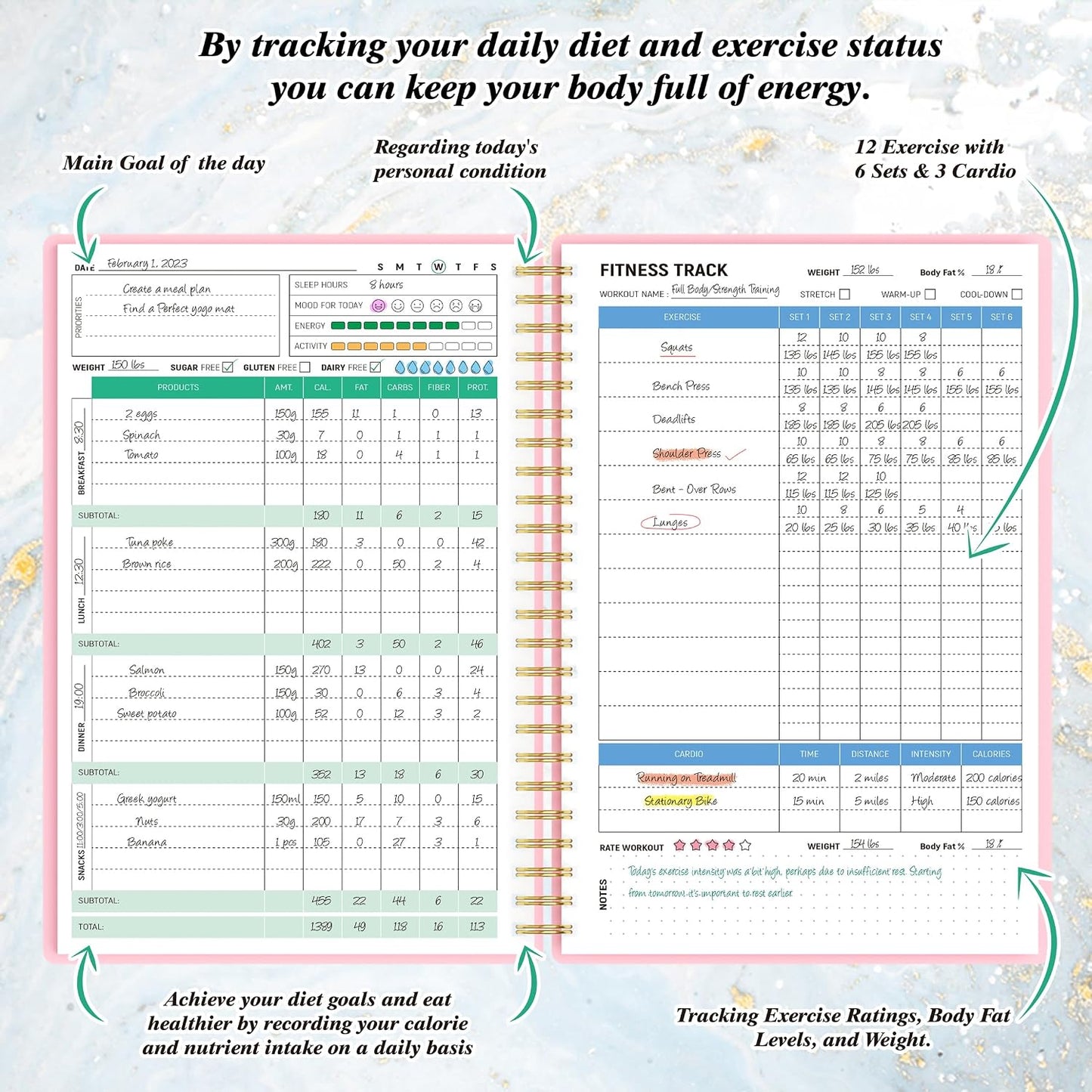 Wellness Planner & Fitness Log - Daily Diet & Health Journal with Weight Loss, Wellness Journal Notebook for Tracking Fitness, Sleep, Nutrition, Meal, Habits, A5(5.8 x 8.6 inch) (Green)