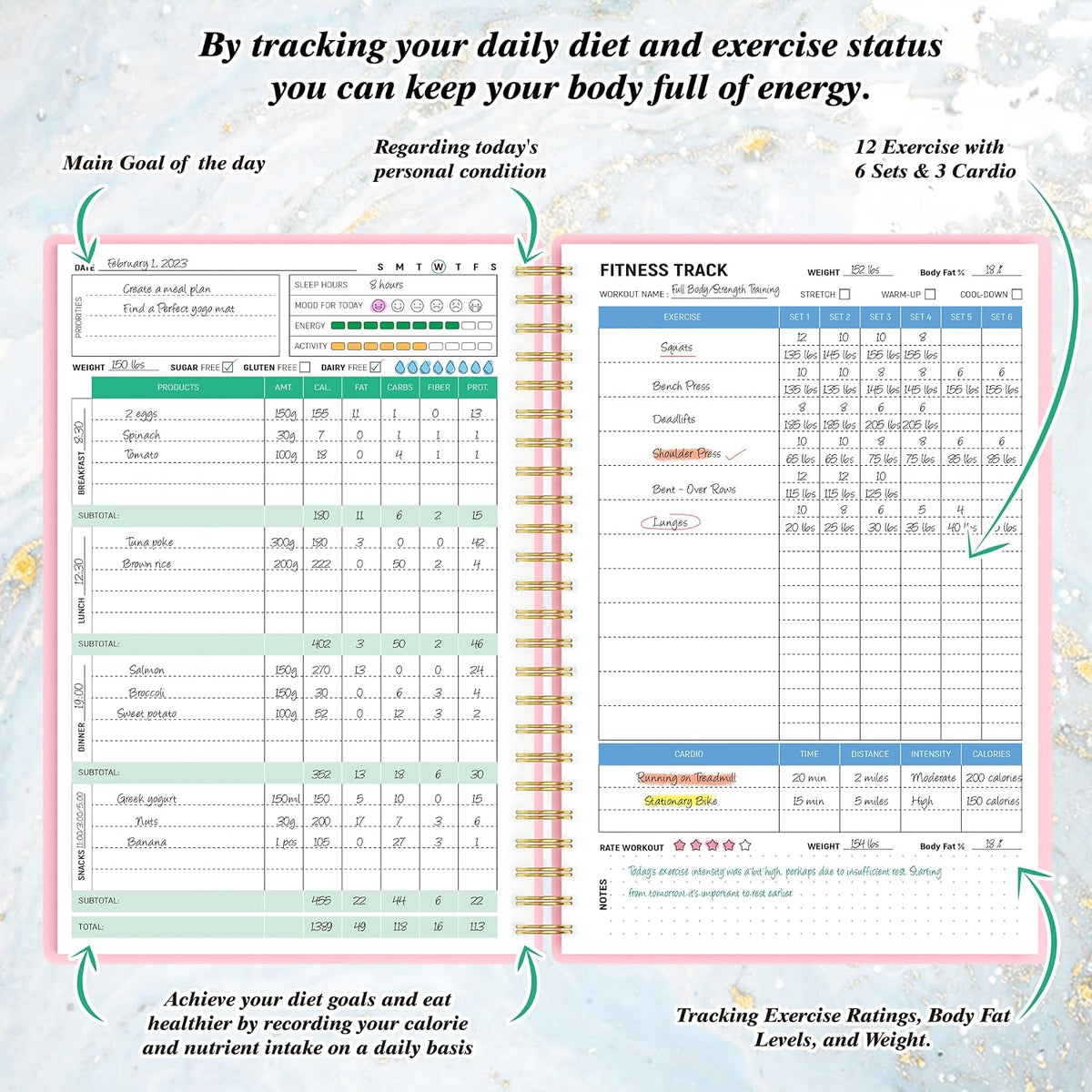 Wellness Planner & Fitness Log - Daily Diet & Health Journal with Weight Loss, Wellness Journal Notebook for Tracking Fitness, Sleep, Nutrition, Meal, Habits, A5(5.8 x 8.6 inch) (Green)