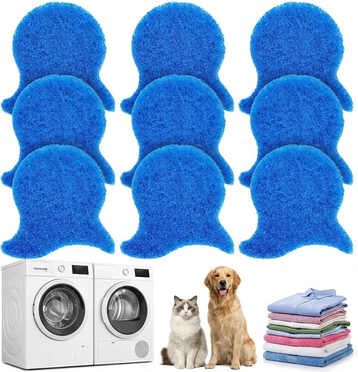 9 PCS Blue Pet Hair Remover for Laundry - High Visibility Reusable Fur Catcher, Traps Hair in Washer & Dryer, for Dog & Cat Hair on Clothes, Bedding (9 Blue Pads)