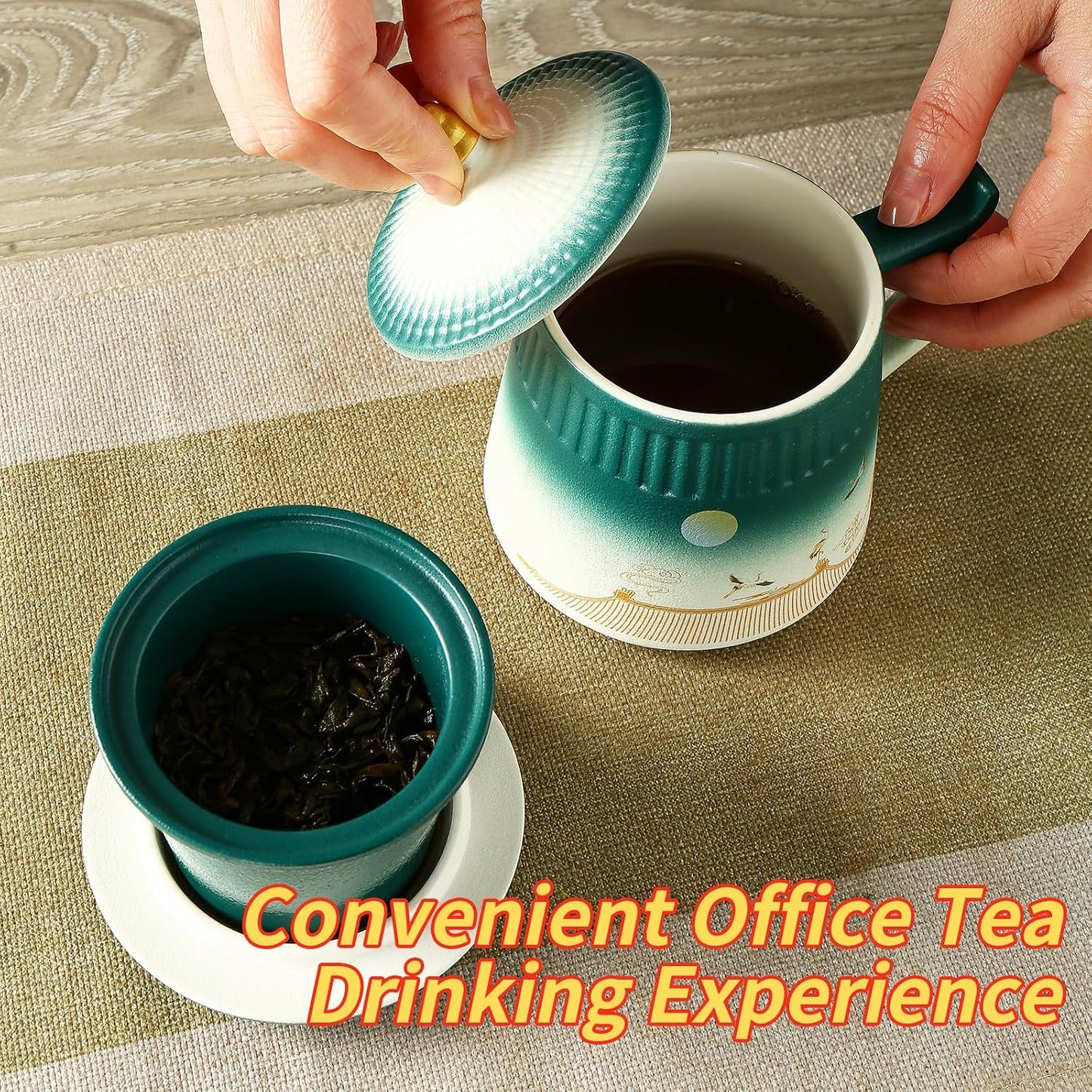Loose Leaf Tea Cup with Infuser and Lid, 14.8oz Chinese Ceramic Mug with Fine Mesh Strainer, Office Steeping Cup for Tea Lovers Gifts