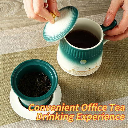 Loose Leaf Tea Cup with Infuser and Lid, 14.8oz Chinese Ceramic Mug with Fine Mesh Strainer, Office Steeping Cup for Tea Lovers Gifts
