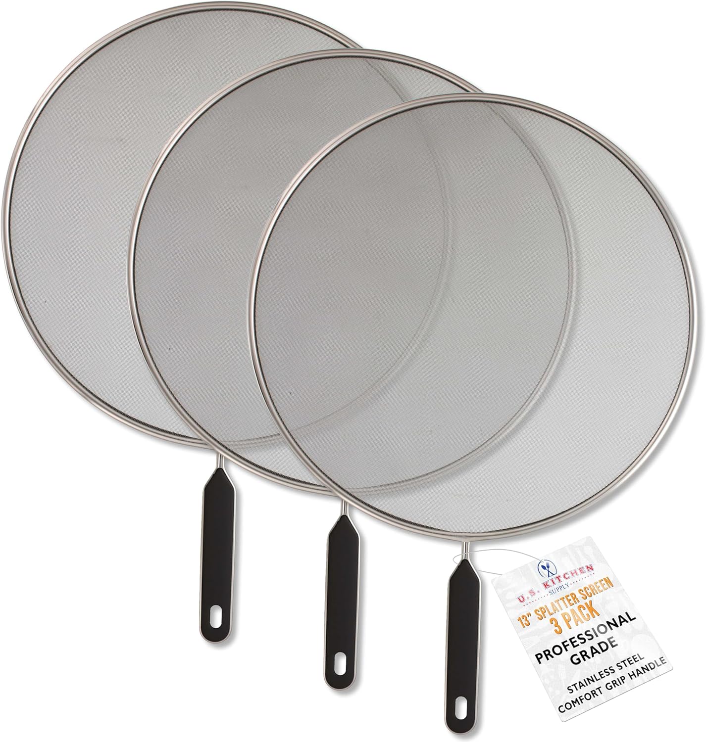 U.S. Kitchen Supply 4-Piece Stainless Steel Splatter Guard Set (13", 11.5", 10",8”) Fine Mesh Cover, Grease & Oil, Splatter Screen for Frying Pan, Cooking Pots, with Comfort Grip Handles