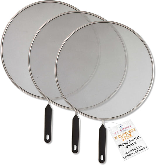 U.S. Kitchen Supply 4-Piece Stainless Steel Splatter Guard Set (13", 11.5", 10",8”) Fine Mesh Cover, Grease & Oil, Splatter Screen for Frying Pan, Cooking Pots, with Comfort Grip Handles