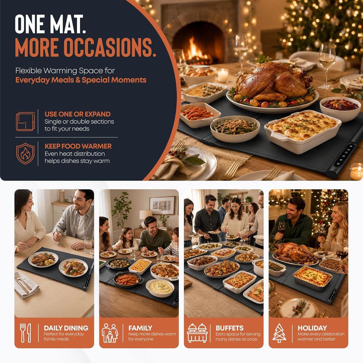 XXL Food Warming Mat Countertop 42"x16" – 2 Piece Extendable Electric Warming Tray for Buffets & Parties – Extra Large Roll Up Silicone Food Warmer Mat with 8 Temp Settings, Auto Shut Off Food Warmer