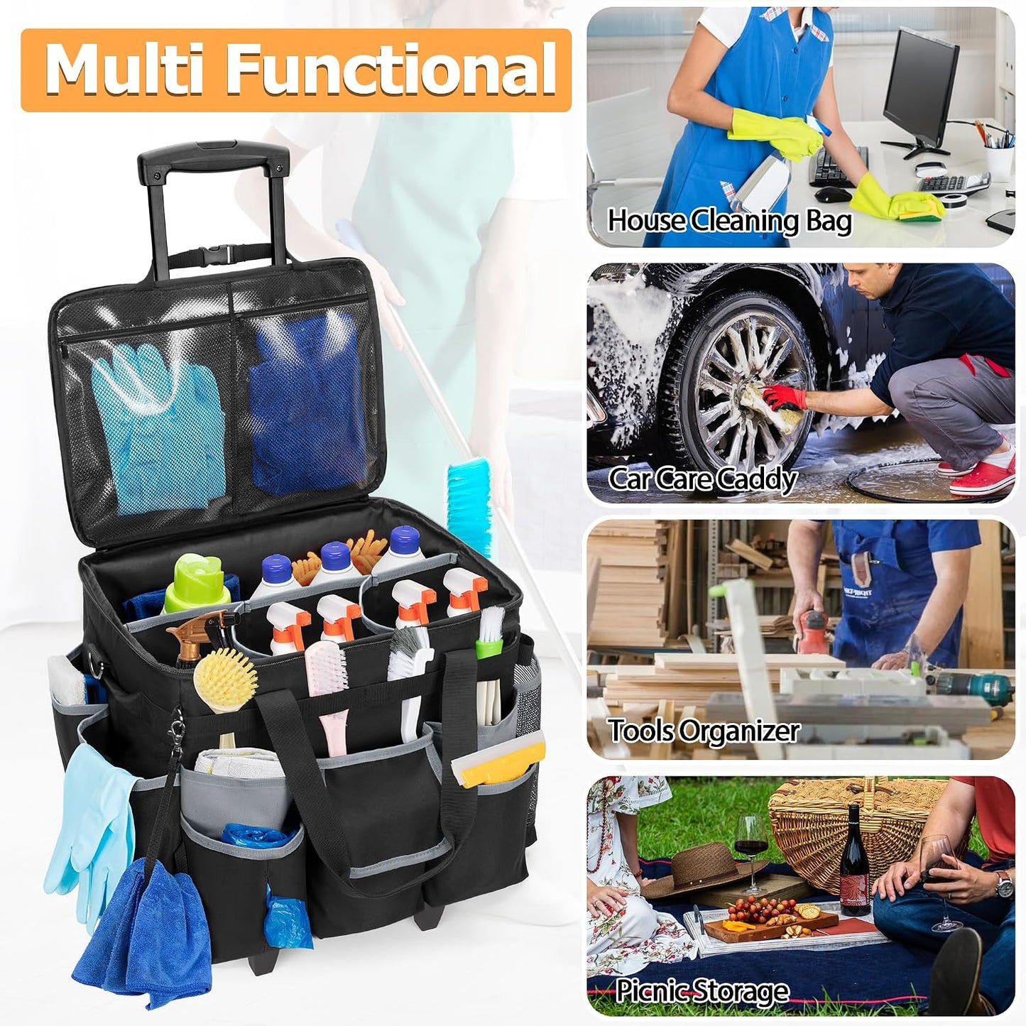 HODRANT Large Rolling Cleaning Caddy with Detachable Trolley & Lid | Cleaning Cart on Wheels with Shoulder Strap & Handles, Cleaning Supplies Organizer with Multi Pockets for Clean Tools Storage