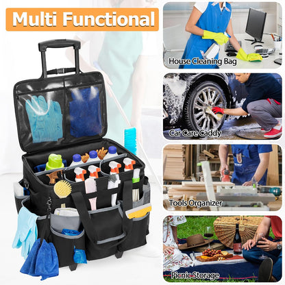HODRANT Large Rolling Cleaning Caddy with Detachable Trolley & Lid | Cleaning Cart on Wheels with Shoulder Strap & Handles, Cleaning Supplies Organizer with Multi Pockets for Clean Tools Storage
