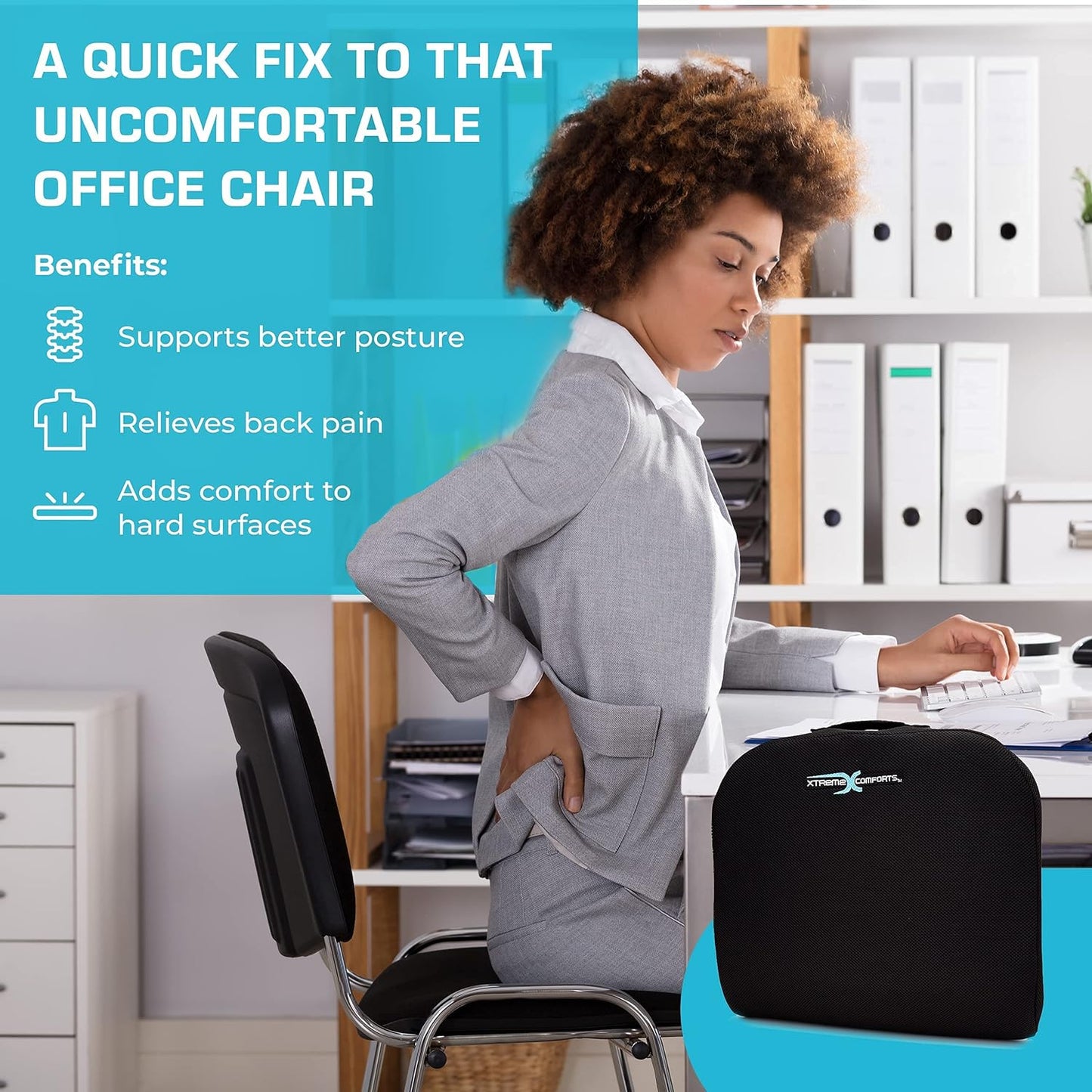 Xtreme Comforts Seat Cushion, Tailbone Relaxer - Coccyx Cushion for Tailbone Pain Desk, Wheelchair & Car Use - Back Support Pillow for Chair