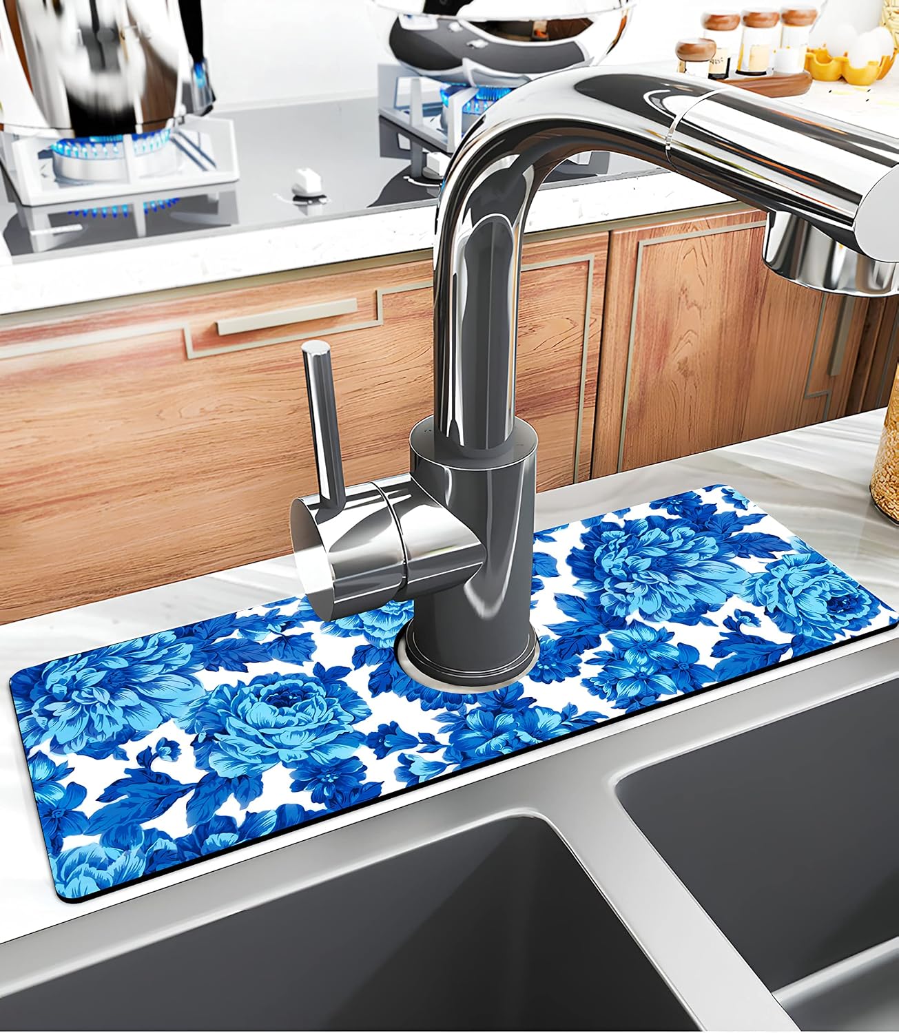Kitchen Sink Splash Guard Faucet Mat Super Absorbent Fast Drying Mat Sink Gadgets Splash Guard Behind Faucet Drip Catcher for Kitchen (Pink Red Roses Floral, 23.5x5.5in)