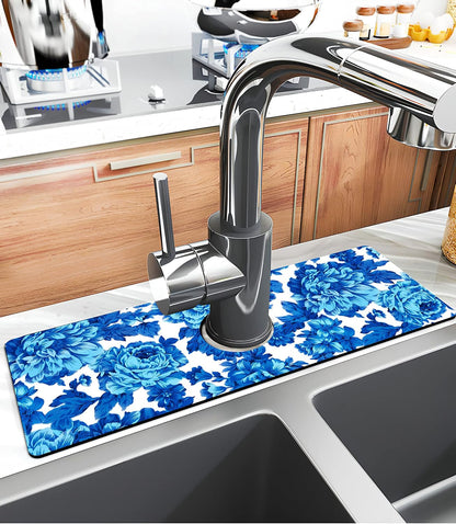 Kitchen Sink Splash Guard Faucet Mat Super Absorbent Fast Drying Mat Sink Gadgets Splash Guard Behind Faucet Drip Catcher for Kitchen (Pink Red Roses Floral, 23.5x5.5in)