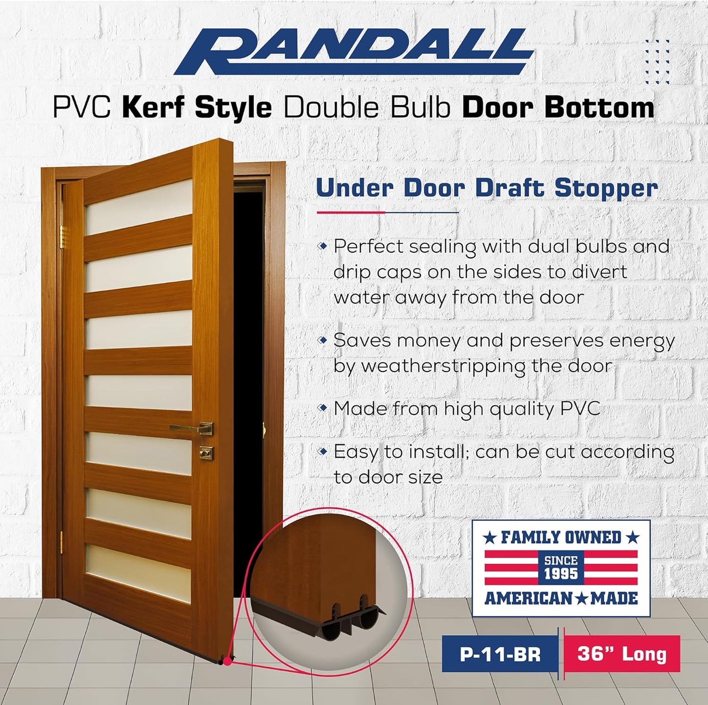 36" Kerf Slide-in Double Bulb Seal Weatherstrip Door Bottom – Durable Seal for Energy Efficiency & Draft Protection (Brown)