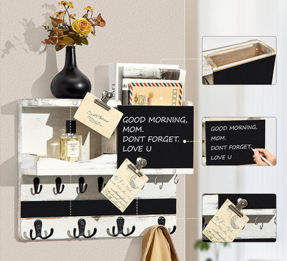 Key Holder for Wall Mount with Shelf and Mail Organizer, Key and Mail Holder with 16 Hooks, Farmhouse Entryway Organizer, Home Decor Rack (Pine Wood, White Washed)