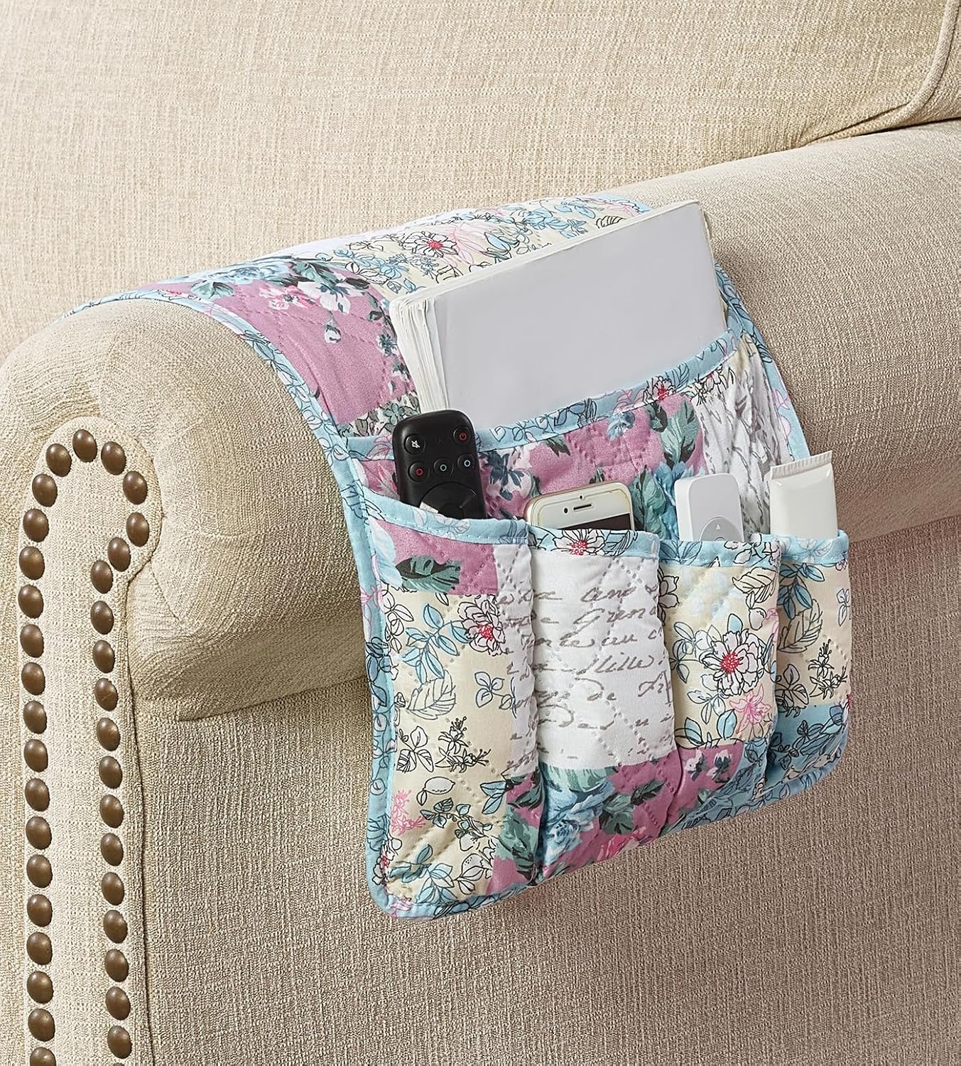Brilliant Sunshine Burgundy Toile Floral Couch Armrest Cover, 35"×13" | Washable Magazine Holder, Armrest Organizer & Caddy on Sofa, Recliner, Armchair, Storage for Remote Controls, Phone, iPad
