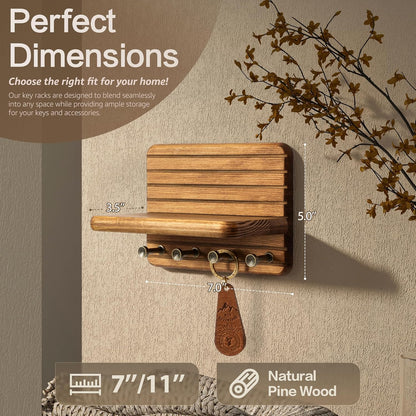 Rebee Vision Pine Wood Key Holder Wall Mount with Shelf for Entryway, Brown | 6 Key Hooks, Round Corner, Smooth&Hand-Friendly, Clear Wood Texture, Space-Saving Design, Organize Mail & Letter
