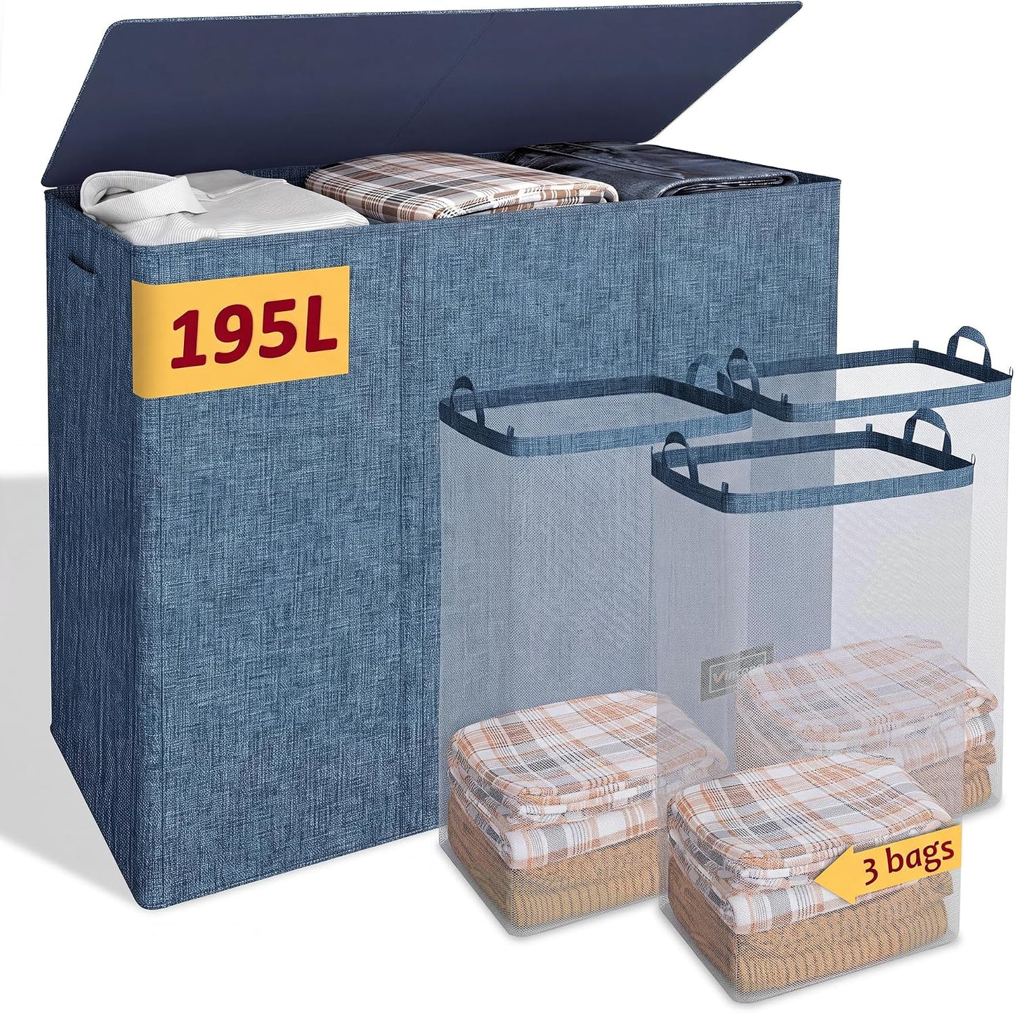 195L Laundry Hamper 3 Section,Large Laundry Hamper with Lid,Dirty Clothes Hamper with 3 Inner Bags,Collapsible Laundry Basket Organizer for Laundry Room,Bedroom,Laundry Sorter Hamper 3 Compartment