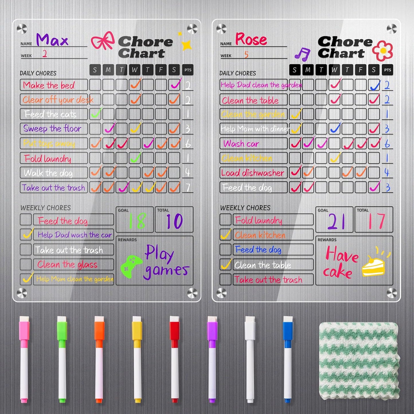 2 Pack Acrylic Magnetic Chore Chart for Kids & Adults on Fridge | 12"x8" Erasable Chore & Reward Board for Kids & Teens - Includes 8 Markers & 1 Towel, Transparent Erasable Checklist, White