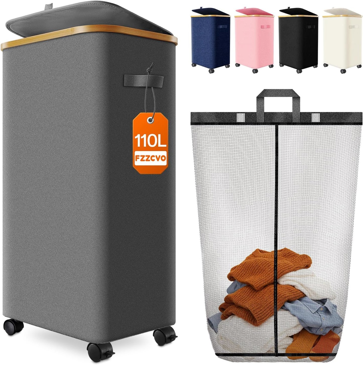 Double Laundry Basket with Wheels and Lid, 150L Clothes Hampers for Laundry | Large Laundry Hamper with 2 Sections & Removable Liner Bags, Rolling Dirty Clothes Basket for Bedroom Bathroom Dorm College