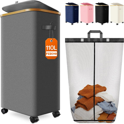 Double Laundry Basket with Wheels and Lid, 150L Clothes Hampers for Laundry | Large Laundry Hamper with 2 Sections & Removable Liner Bags, Rolling Dirty Clothes Basket for Bedroom Bathroom Dorm College