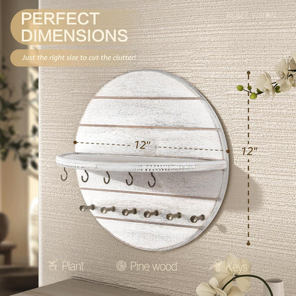 Rebee Vision Pine Wood Round Key Holder Wall Mount for Home Decor, Brown | Round Corner, Key Hooks for Dog leashes & Sunglasses, Display Shelf for Plant & Letters, Mail Organizer, Home Essentials